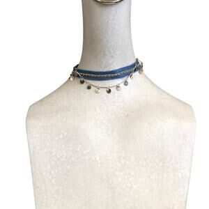 ettika NWOT Denim And Gold Plated Brass Disc Chain Lobster Clasp Choker Necklace